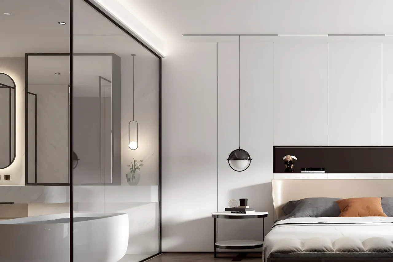 Modern AirBnB bedroom with smart lighting