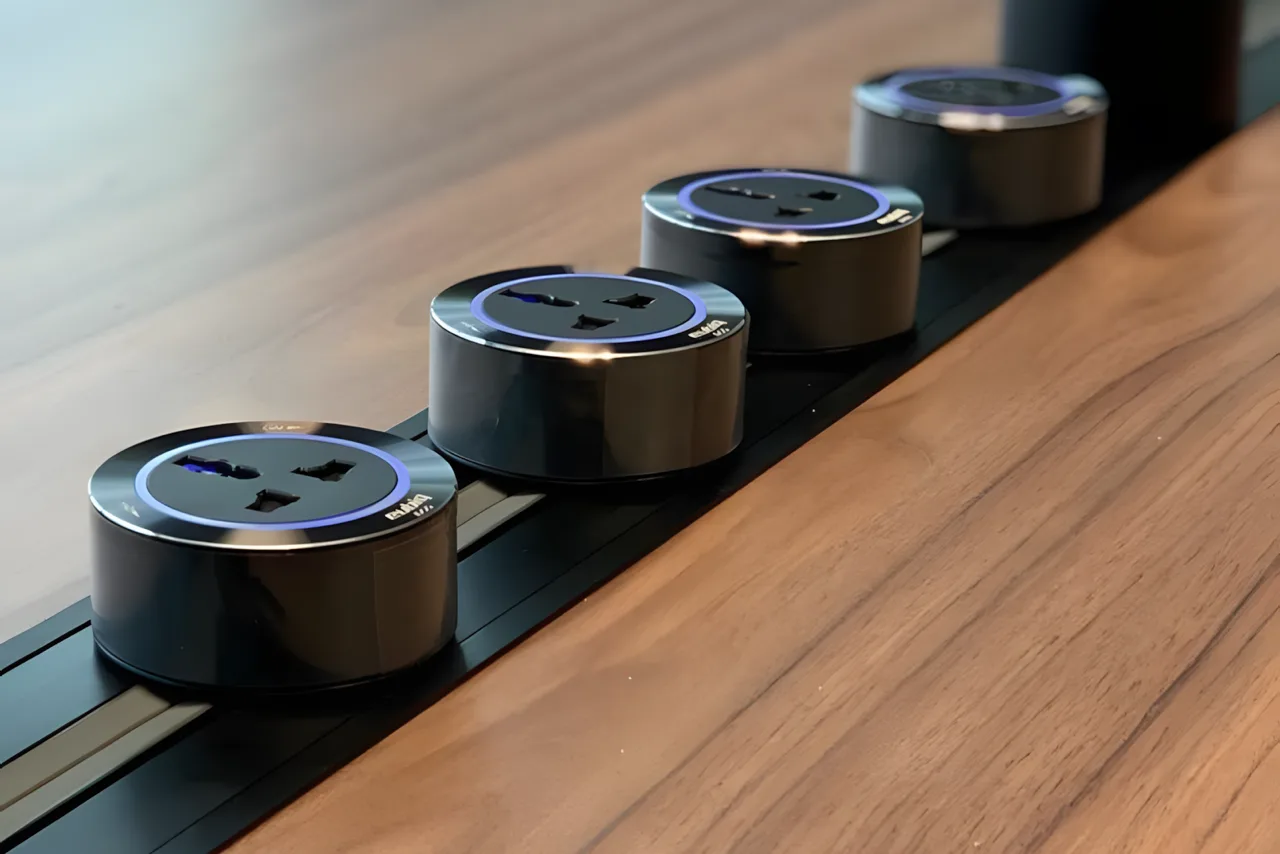 Power track system with modular socket adapters on walnut desk