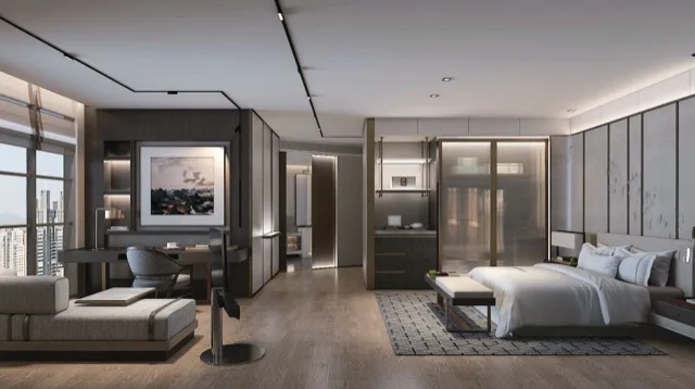 Hotel suite bedroom with recessed smart magnetic track lighting