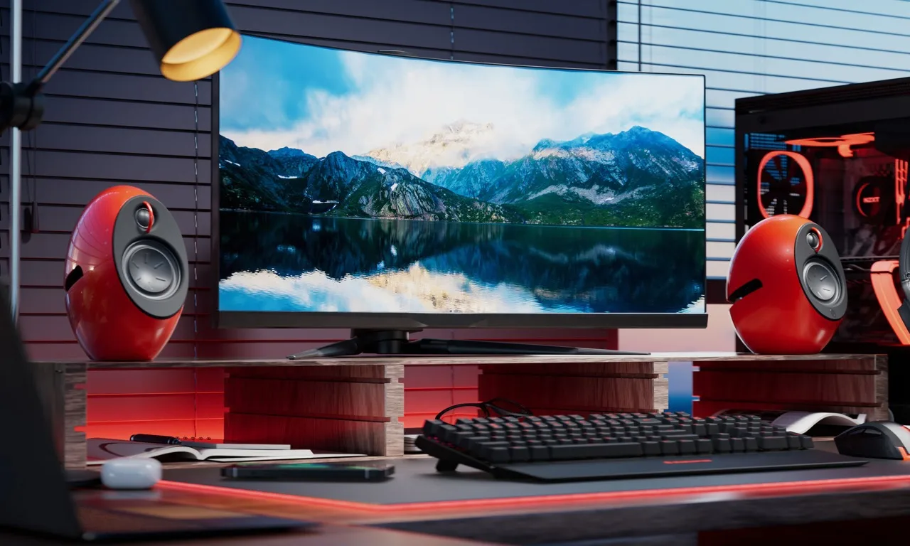 Edifier e25HD speakers in gaming setup with RGB lighting