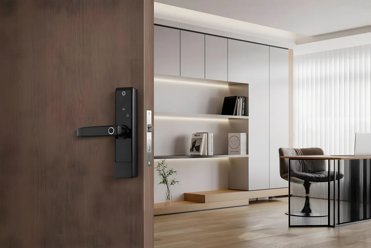 Smart door lock on wooden door opening to modern living room